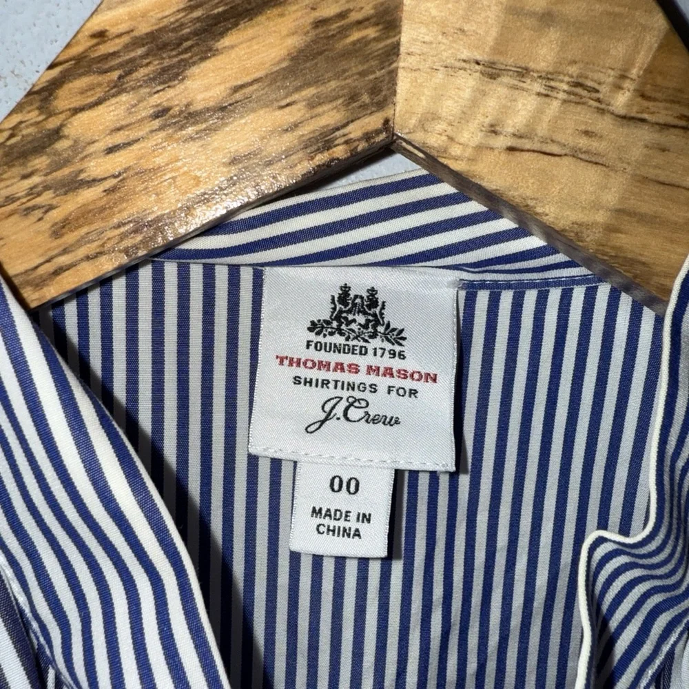 J Crew Thomas Mason Ruffle Navy & White Striped‎ Tie Neck Shirt Size 00
